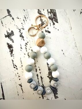 Mama Beaded Keychain Wristlet in Sage, White & Gray